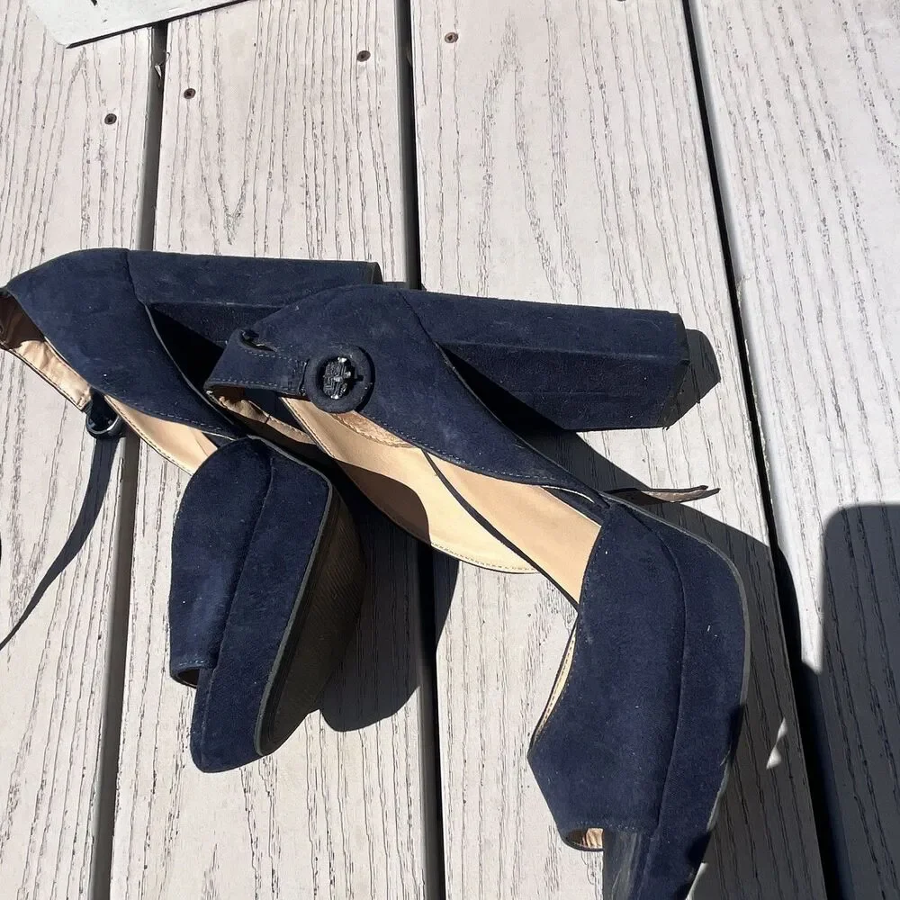 Sun + Stone Women’s Blue Suede Open Toe Strappy Ankle Strap Block Heels